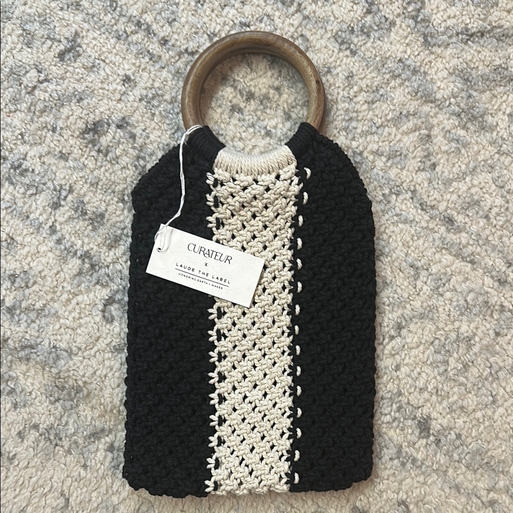 NWT - Handmade Macrame Bag by Laude the Label - black + cream w/ wood handles